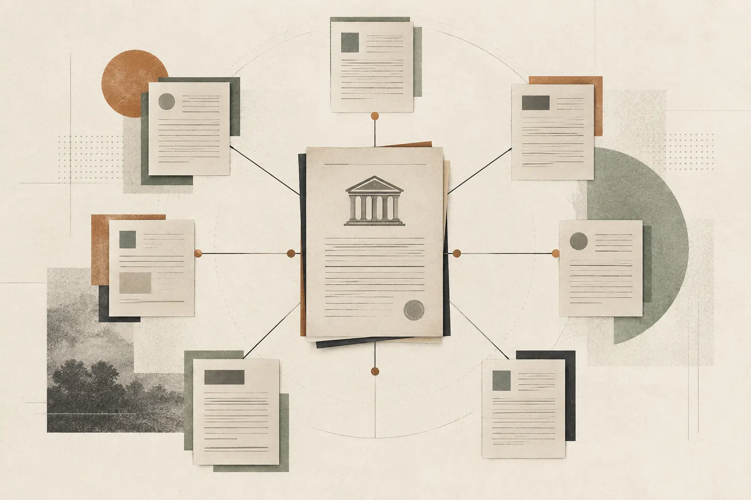 Illustration of documents connected to a court record; not a map of verified ownership